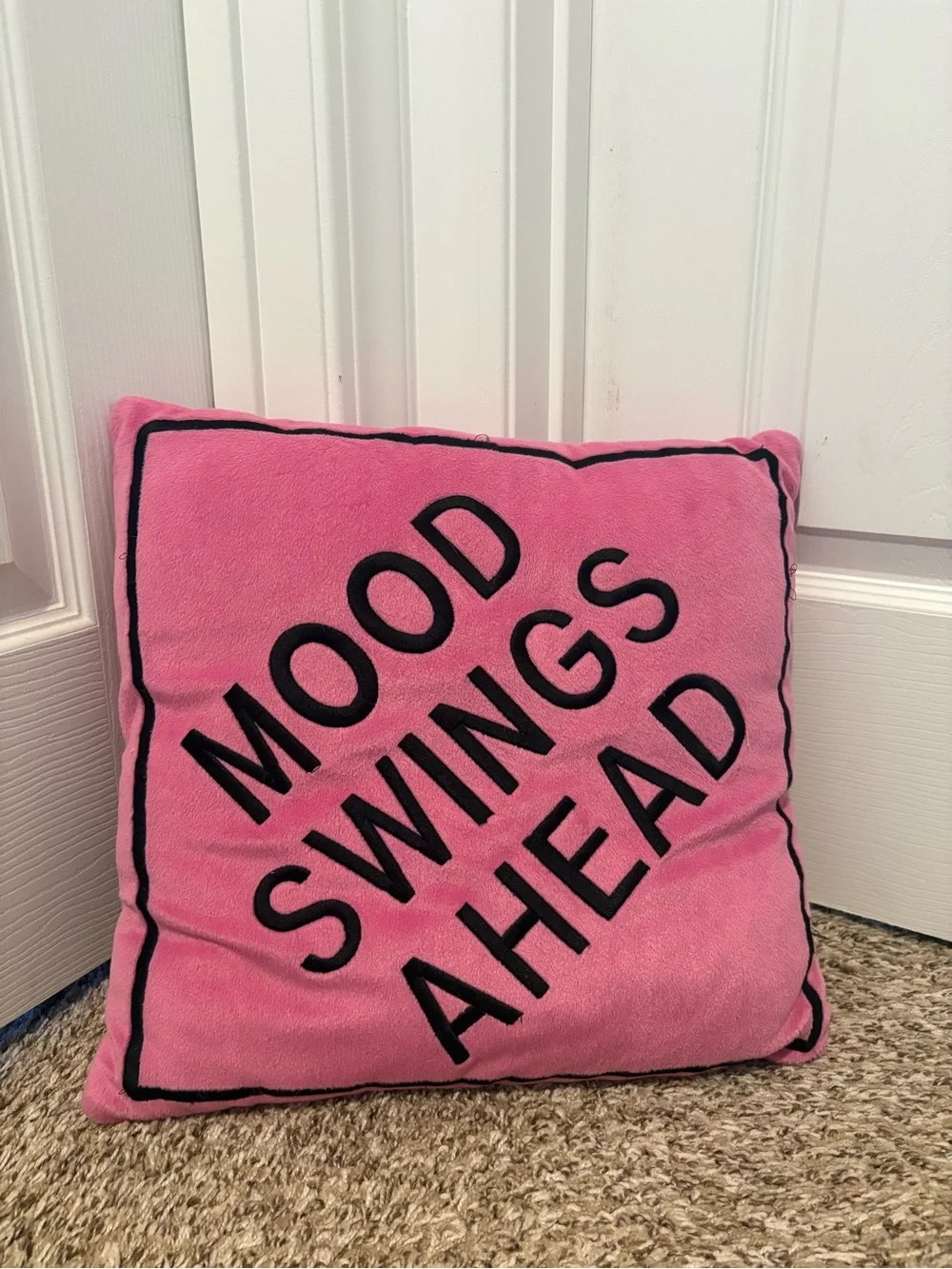 Pink Sign Pillow Warning Mood Swings Ahead